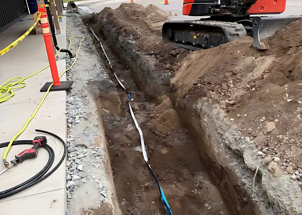 Open utility trench beside a new concrete walk with conduit laid in the bottom and the excavator tracks at the edge